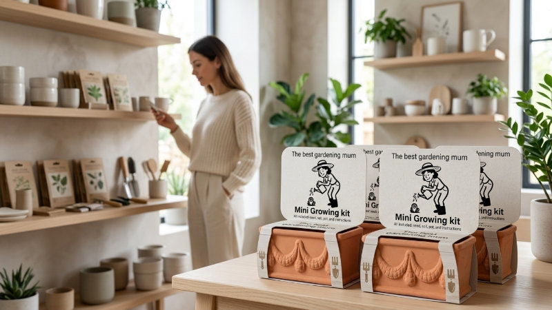 Retail shelves stocked with seasonal ready-to-grow gift kits