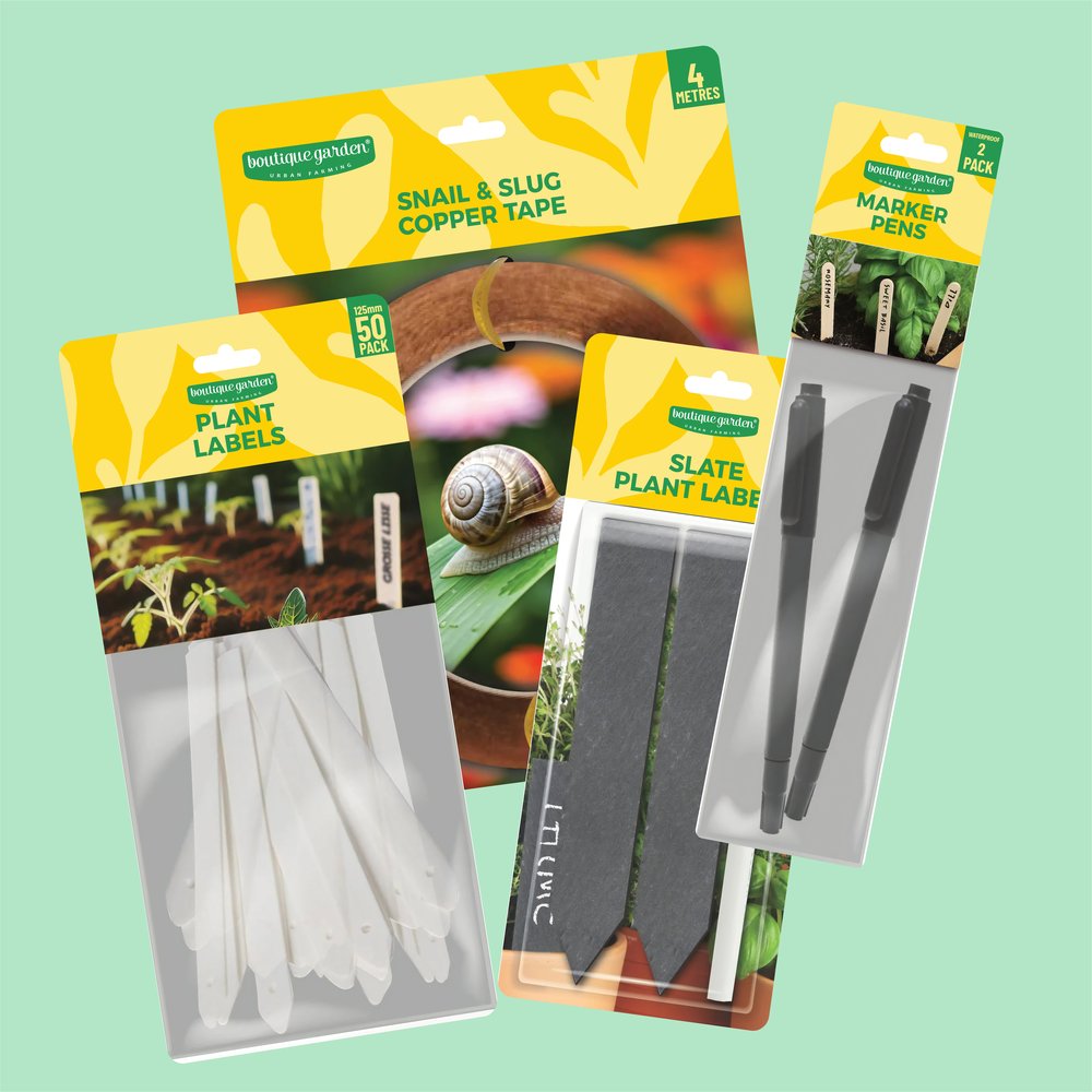Gardening accessories, plant labels, marker pens and slug tape