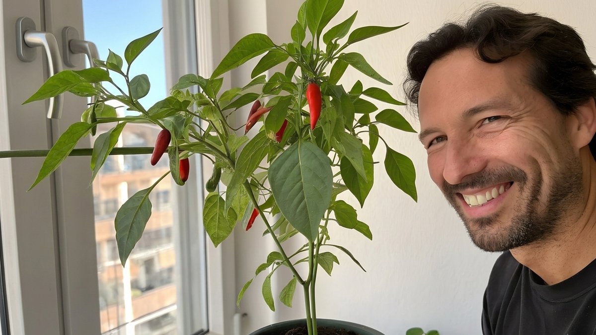 Man smiling next to his home-grown chili plant
