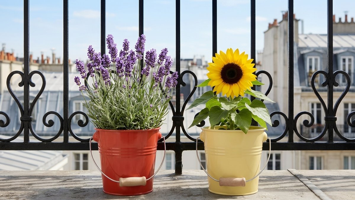 Lavender and sunflower growing kits on a Paris balcony