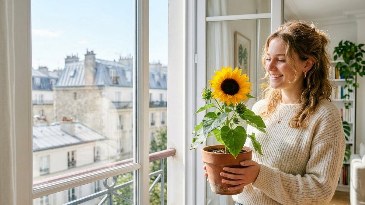 Woman holding a sunflower growing kit by a window