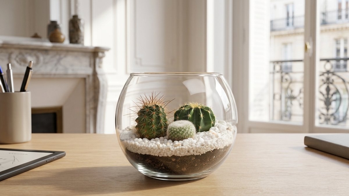 Cactus terrarium growing kit on a home desk