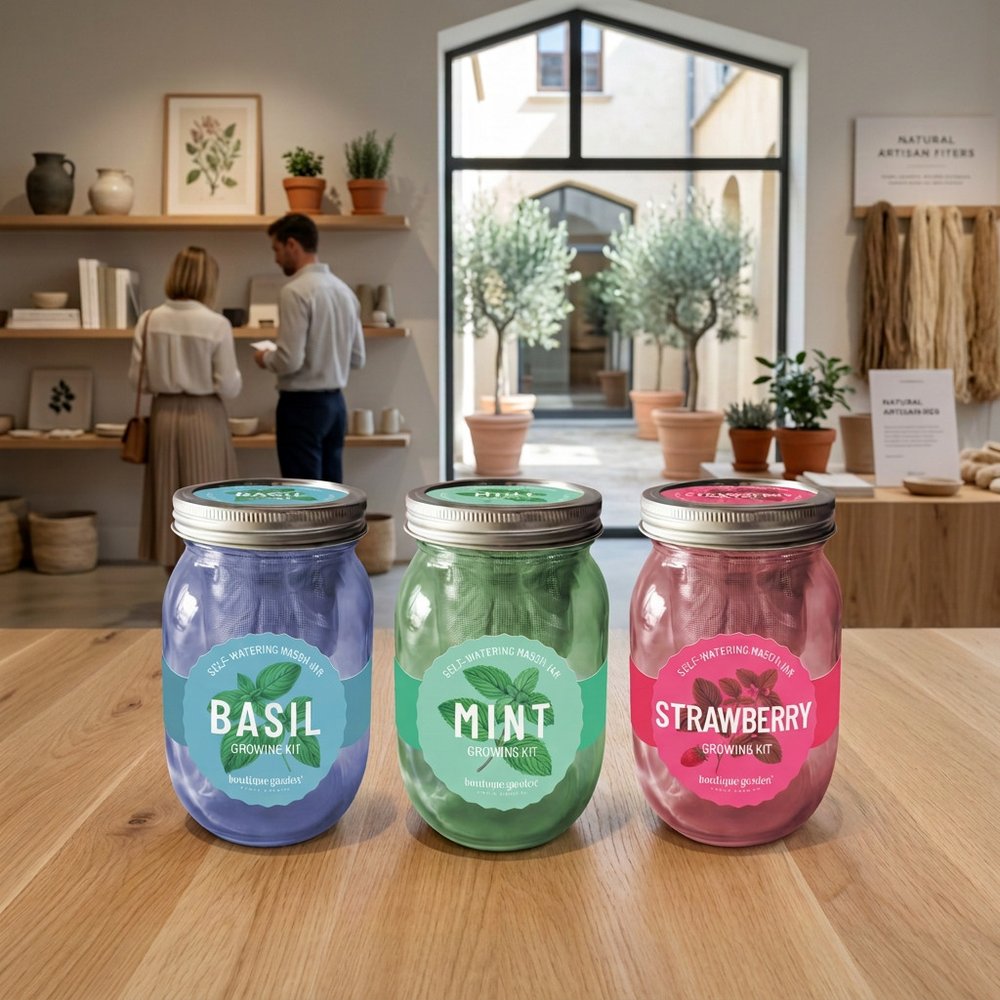 Self-watering mason jar growing kits, basil mint and strawberry