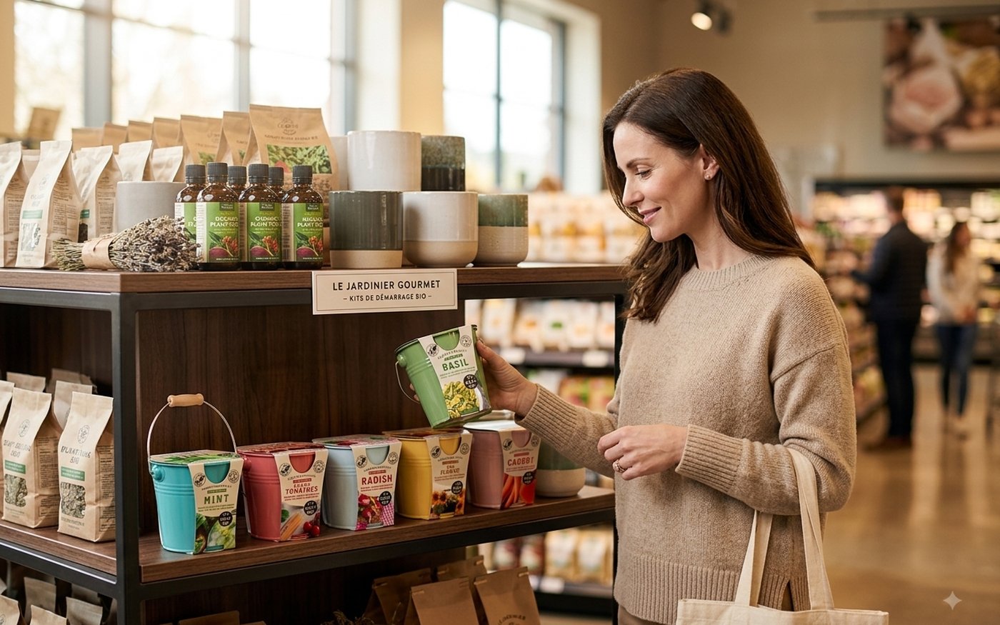 Shopper browsing Boutique Garden growing kits on a retail shelf