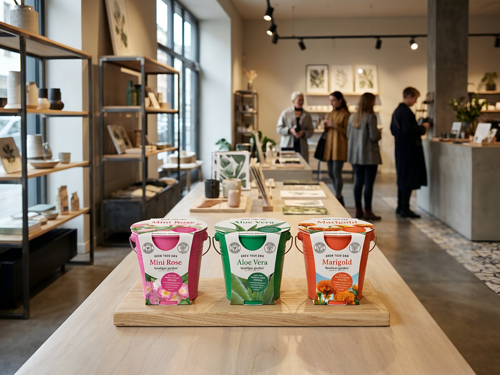 Boutique Garden gift kits displayed in a retail store